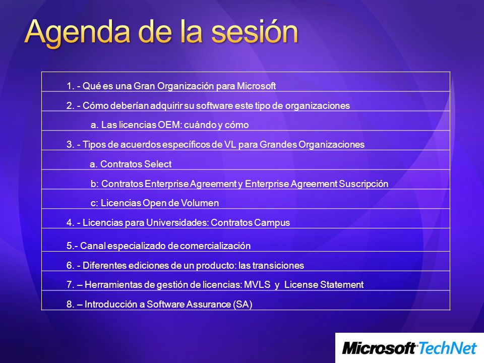 Agenda de la sesión 1. - Qué es una Gran Organización para Microsoft