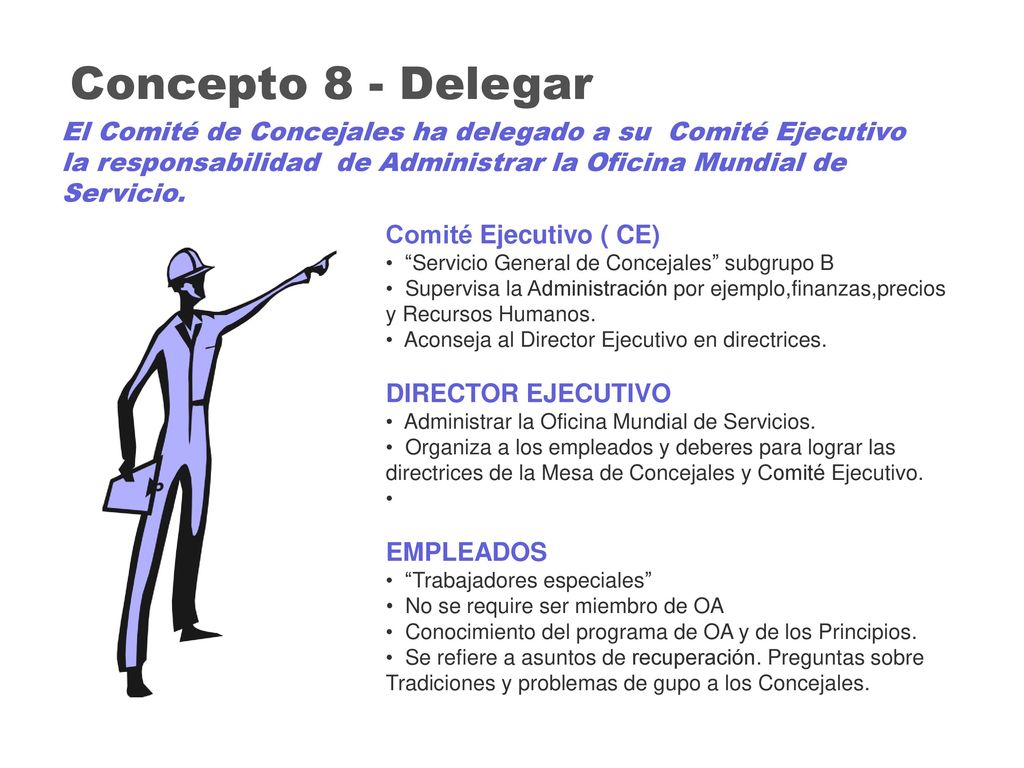 Concepto 8 - Delegar El Comité de Concejales ha delegado a su Comité Ejecutivo la responsabilidad de Administrar la Oficina Mundial de Servicio.