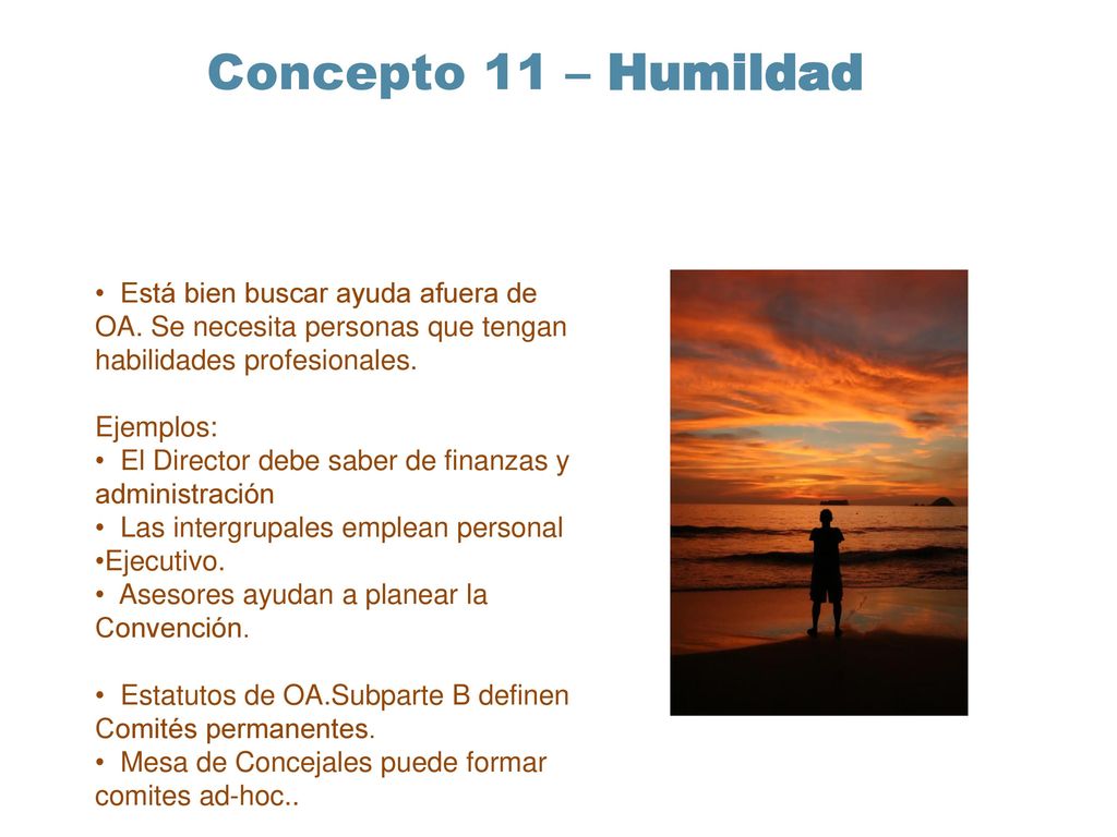 Concepto 11 – Humildad Está bien buscar ayuda afuera de OA. Se necesita personas que tengan habilidades profesionales.