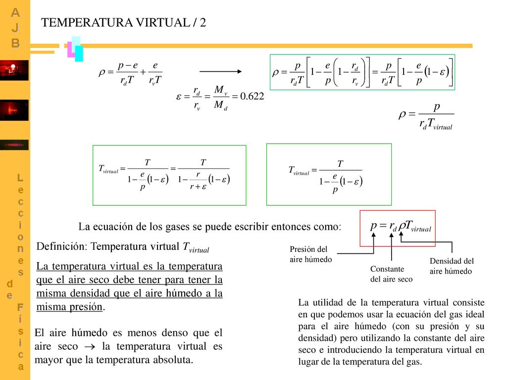 TEMPERATURA VIRTUAL / 2 La ecuación de los gases se puede escribir entonces como: Presión del. aire húmedo.