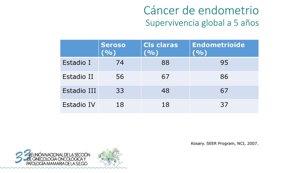 Cáncer de endometrio Supervivencia global a 5 años Seroso (%)