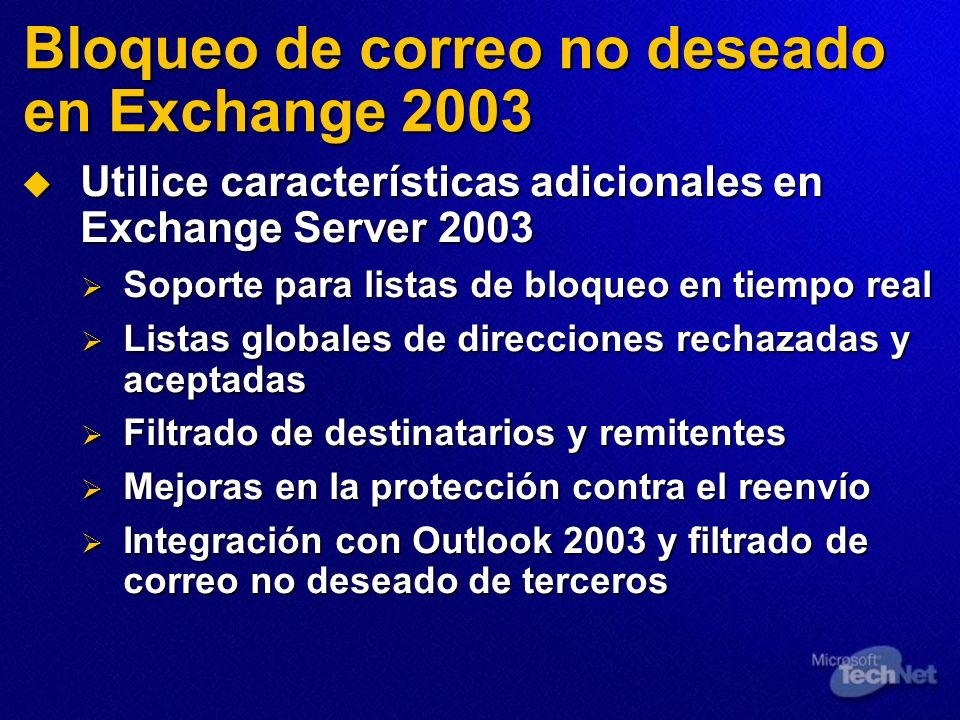 Bloqueo de correo no deseado en Exchange 2003