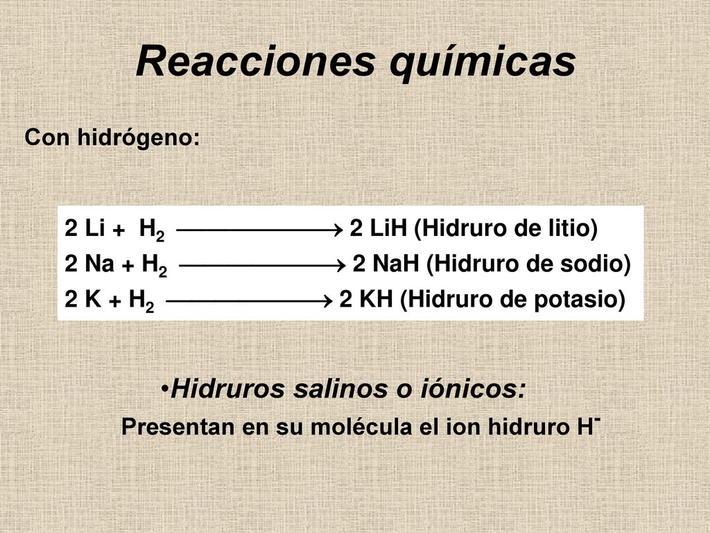 Hidruros salinos o iónicos: Presentan en su molécula el ion hidruro H-