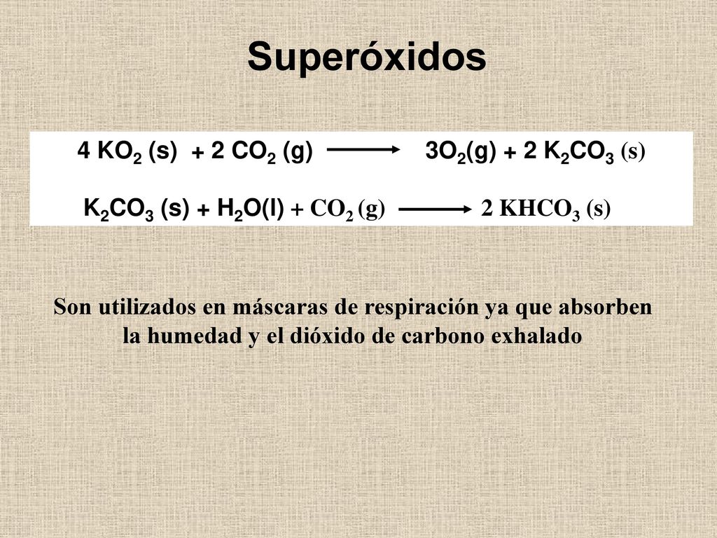 Superóxidos 4 KO2 (s) + 2 CO2 (g) 3O2(g) + 2 K2CO3 (s)