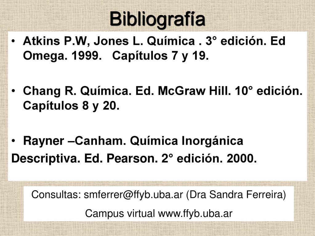 Bibliografía Atkins P.W, Jones L. Química . 3° edición. Ed Omega Capítulos 7 y 19.
