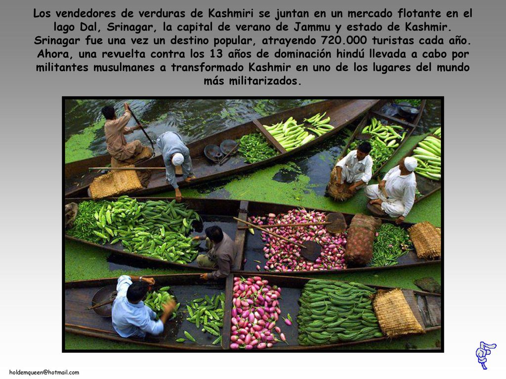 Los vendedores de verduras de Kashmiri se juntan en un mercado flotante en el lago Dal, Srinagar, la capital de verano de Jammu y estado de Kashmir.