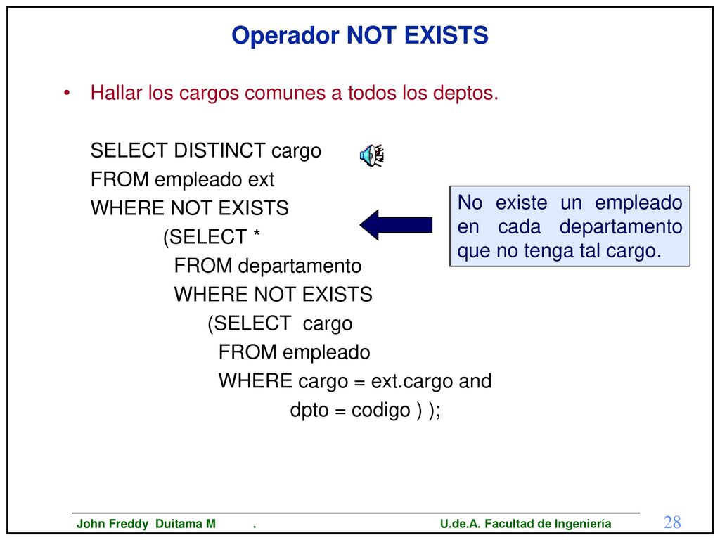 Operador NOT EXISTS Hallar los cargos comunes a todos los deptos.