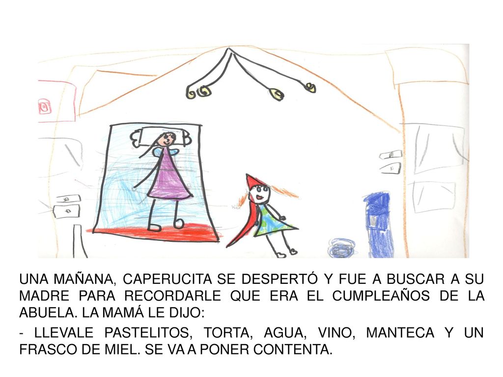 UNA MAÑANA, CAPERUCITA SE DESPERTÓ Y FUE A BUSCAR A SU MADRE PARA RECORDARLE QUE ERA EL CUMPLEAÑOS DE LA ABUELA.