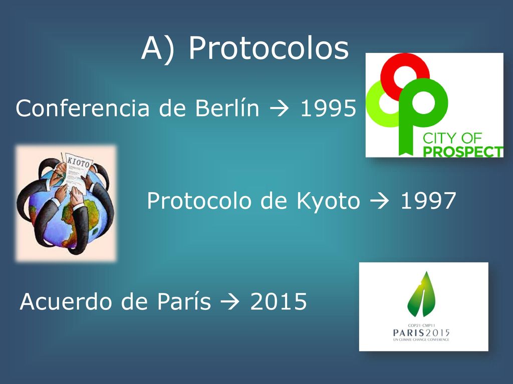 A) Protocolos Conferencia de Berlín  1995 Protocolo de Kyoto  1997