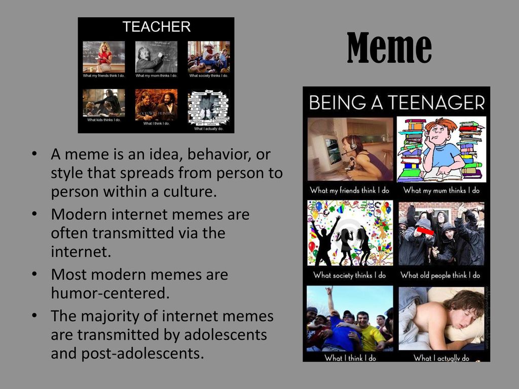 Meme A meme is an idea, behavior, or style that spreads from person to person within a culture.