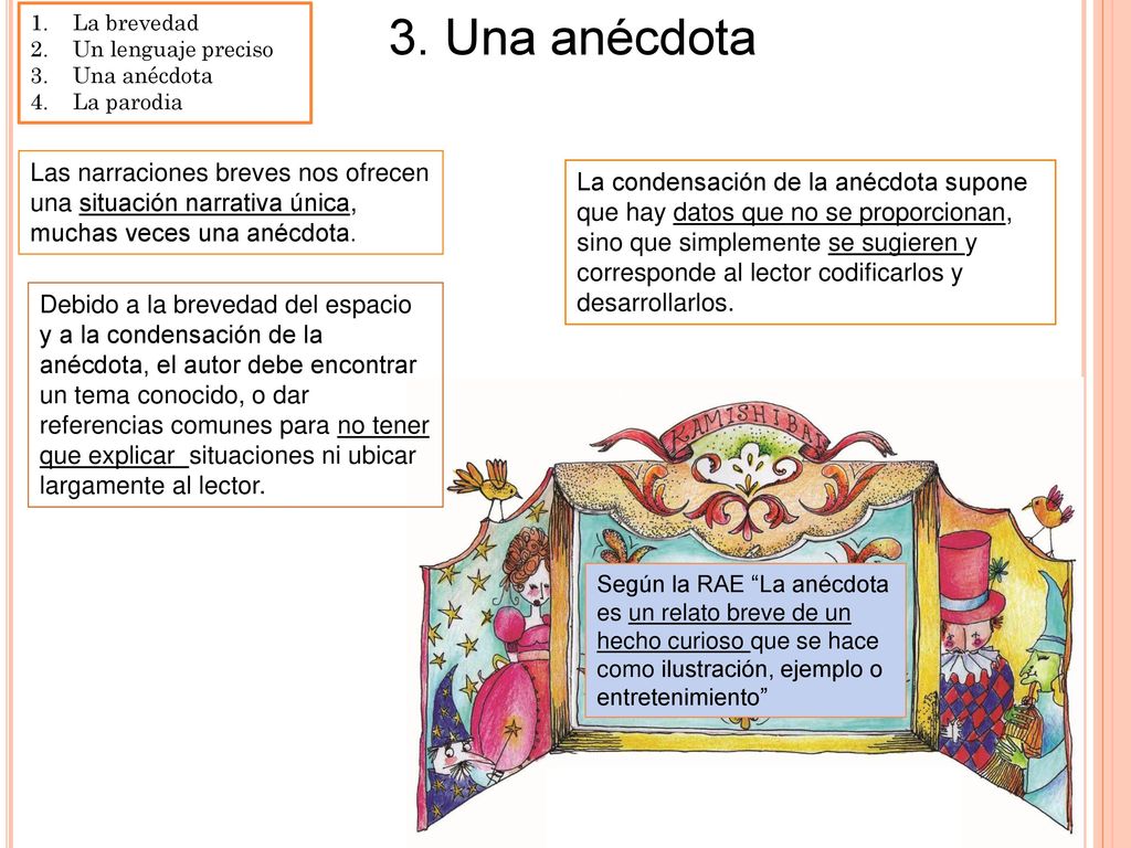 La brevedad Un lenguaje preciso. Una anécdota. La parodia. 3. Una anécdota.