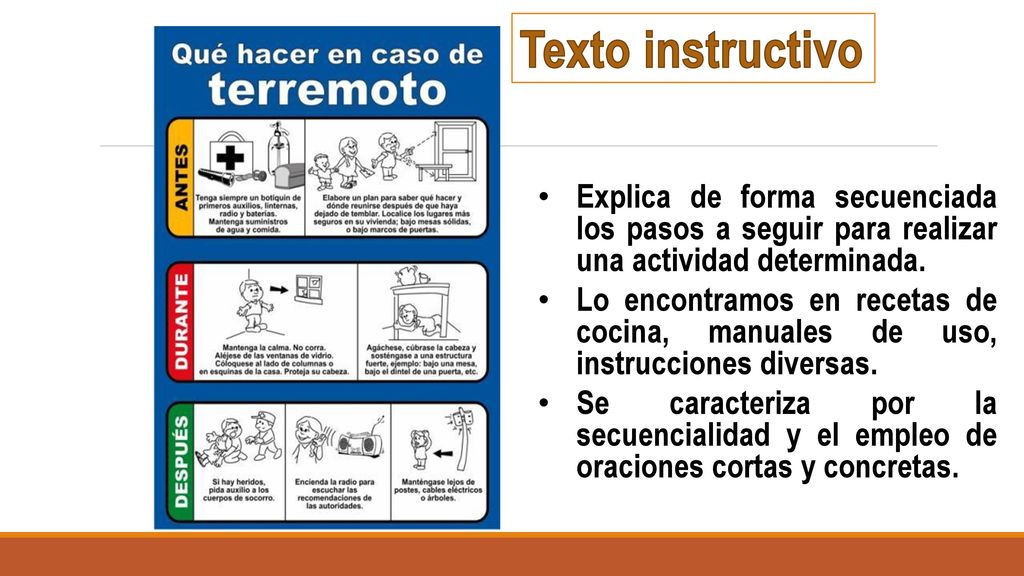 Texto instructivo Explica de forma secuenciada los pasos a seguir para realizar una actividad determinada.