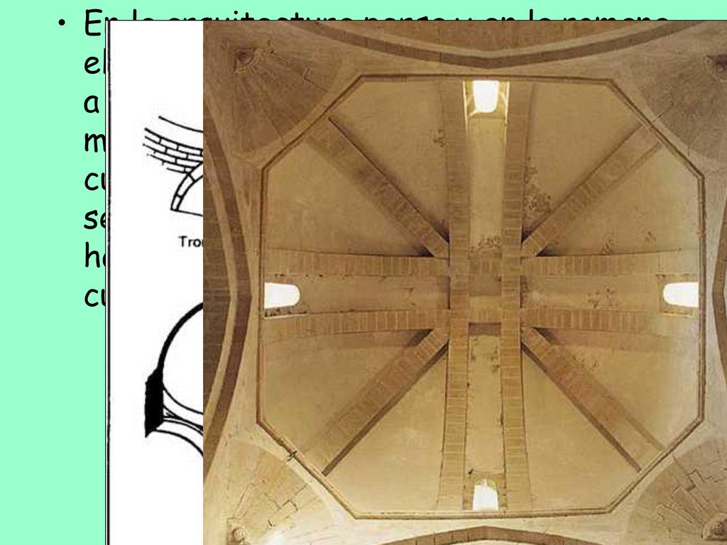 En la arquitectura persa y en la romana, el paso de una estructura cuadrangular a otra circular se había efectuado mediante la solución de ochavar el cuadrado con pequeñas bovedillas semicónicas (TROMPAS) proyectadas hacia fuera del muro para enlazar con la cúpula.