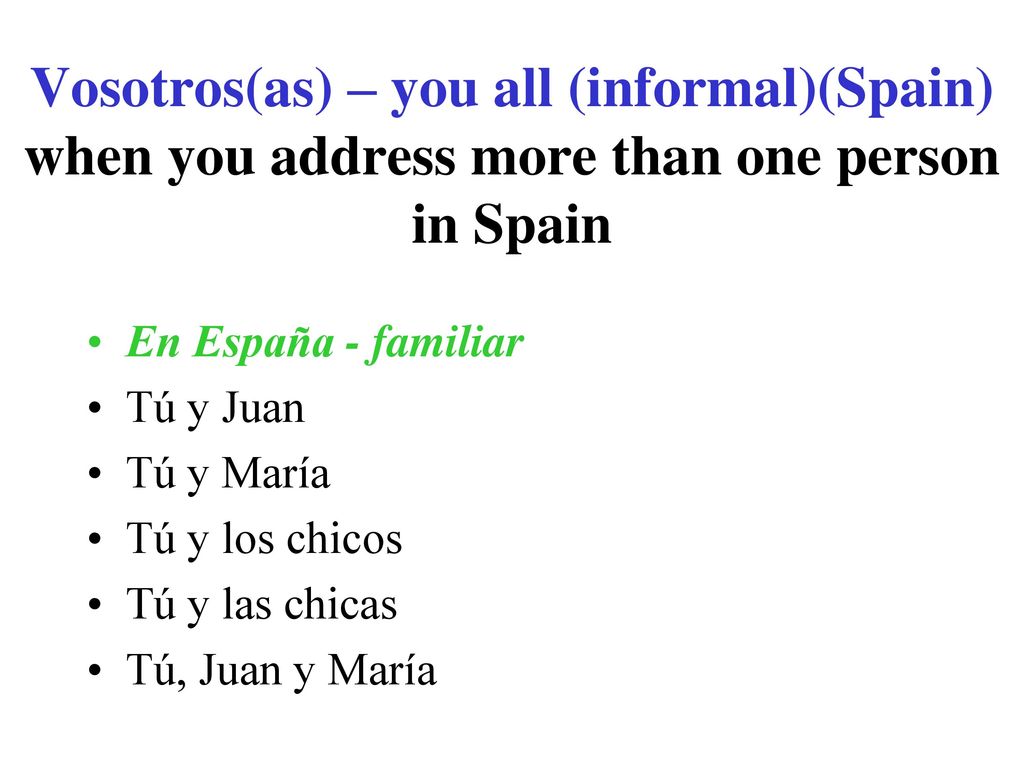 Vosotros(as) – you all (informal)(Spain) when you address more than one person in Spain