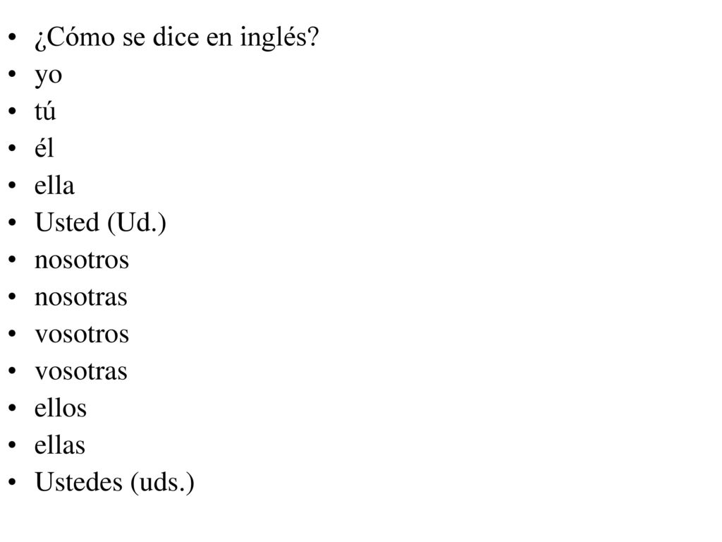 ¿Cómo se dice en inglés yo. tú. él. ella. Usted (Ud.) nosotros. nosotras. vosotros. vosotras.