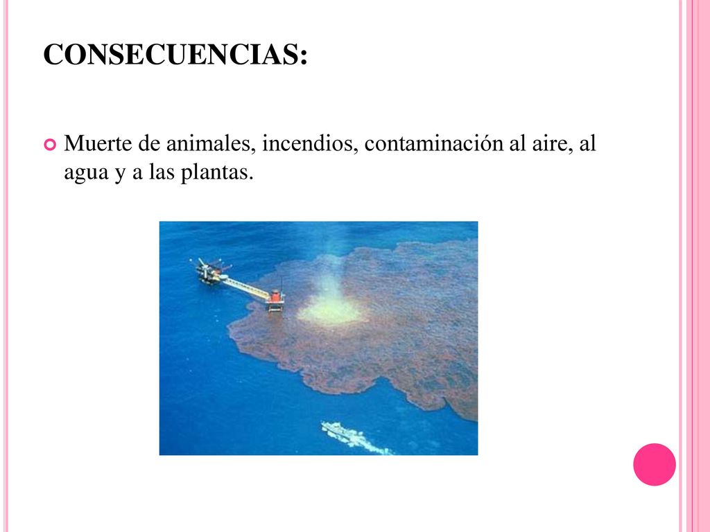 CONSECUENCIAS: Muerte de animales, incendios, contaminación al aire, al agua y a las plantas.