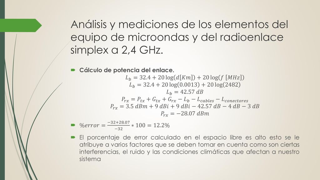 Análisis y mediciones de los elementos del equipo de microondas y del radioenlace simplex a 2,4 GHz.