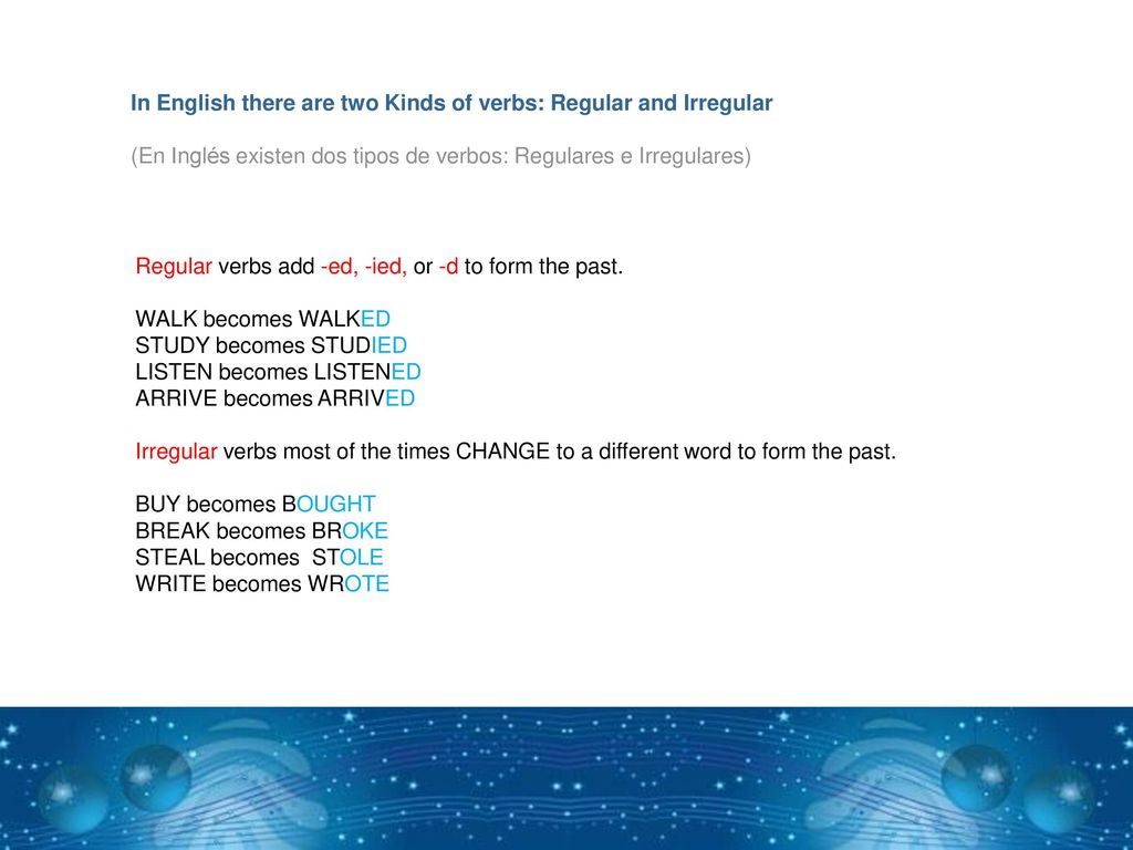 In English there are two Kinds of verbs: Regular and Irregular