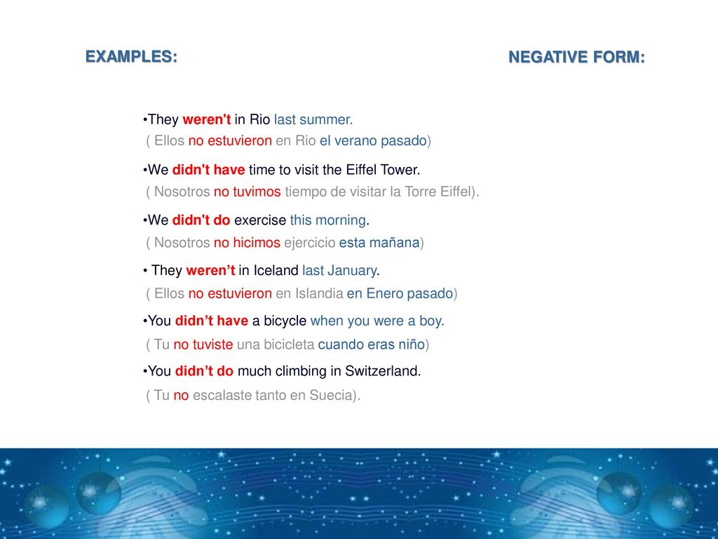 EXAMPLES: NEGATIVE FORM: They weren t in Rio last summer.