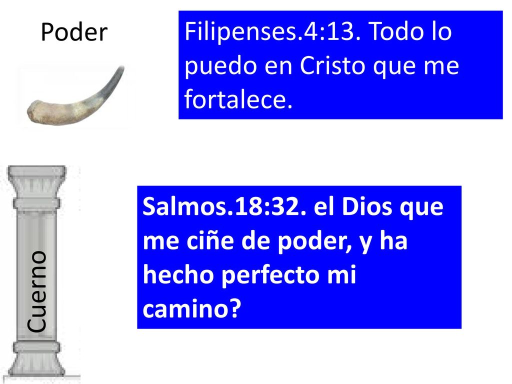 Poder Filipenses.4:13. Todo lo puedo en Cristo que me fortalece. Salmos.18:32. el Dios que me ciñe de poder, y ha hecho perfecto mi camino