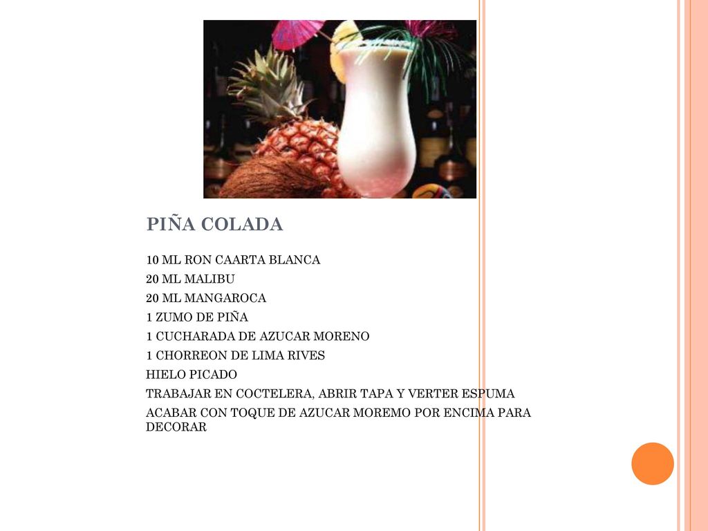 PIÑA COLADA 10 ML RON CAARTA BLANCA 20 ML MALIBU 20 ML MANGAROCA