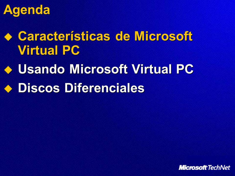 Agenda Características de Microsoft Virtual PC Usando Microsoft Virtual PC Discos Diferenciales