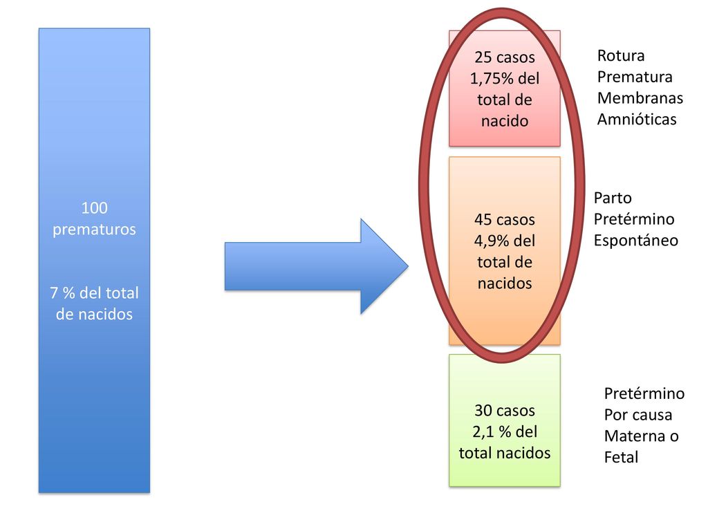 100 prematuros 7 % del total de nacidos. 25 casos. 1,75% del total de nacido. Rotura. Prematura.