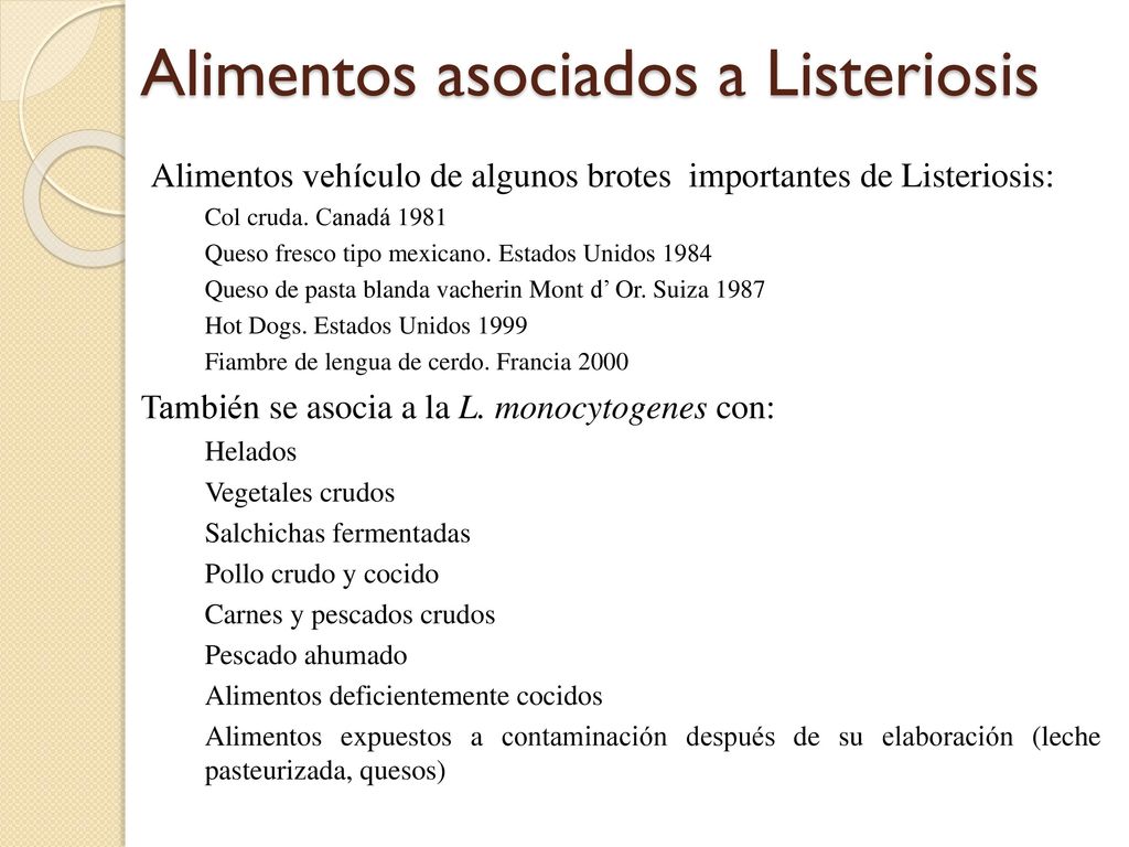 Alimentos asociados a Listeriosis