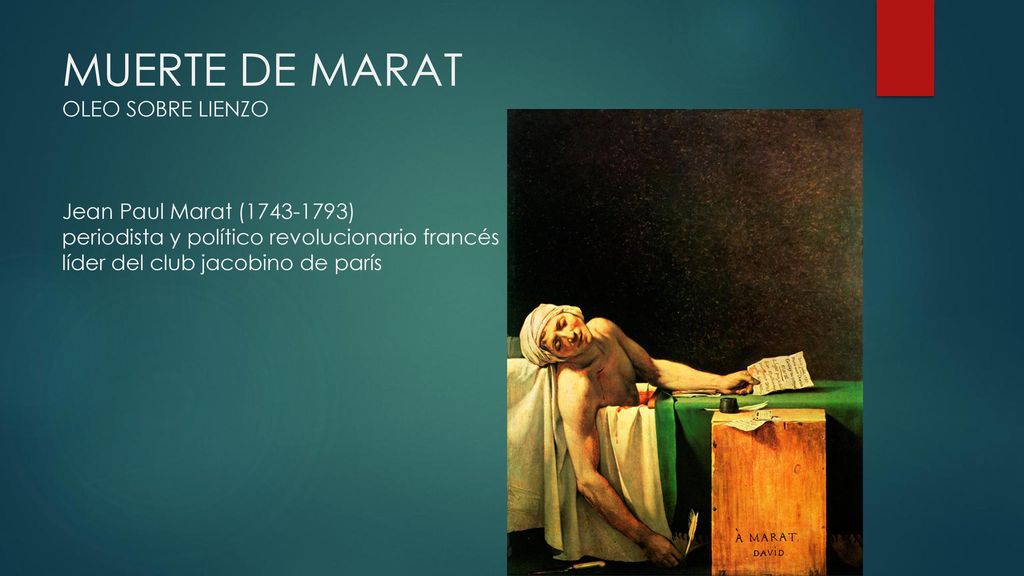 MUERTE DE MARAT OLEO SOBRE LIENZO Jean Paul Marat ( ) periodista y político revolucionario francés líder del club jacobino de parís