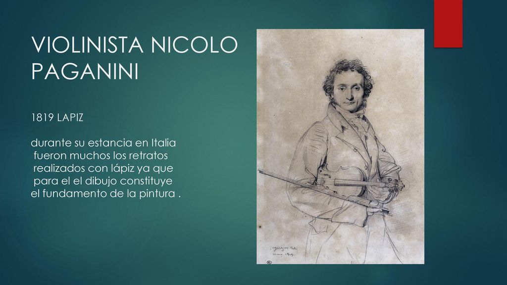 VIOLINISTA NICOLO PAGANINI 1819 LAPIZ durante su estancia en Italia fueron muchos los retratos realizados con lápiz ya que para el el dibujo constituye el fundamento de la pintura .