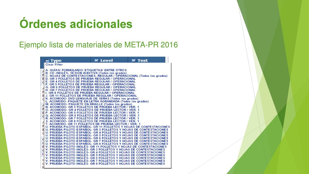 Órdenes adicionales Ejemplo lista de materiales de META-PR 2016