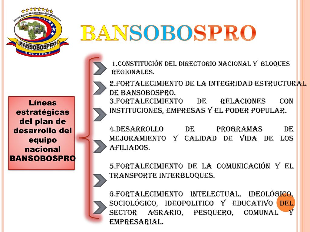 BANSOBOSPRO Constitución del directorio nacional y bloques regionales. 2.Fortalecimiento de la integridad estructural de Bansobospro.