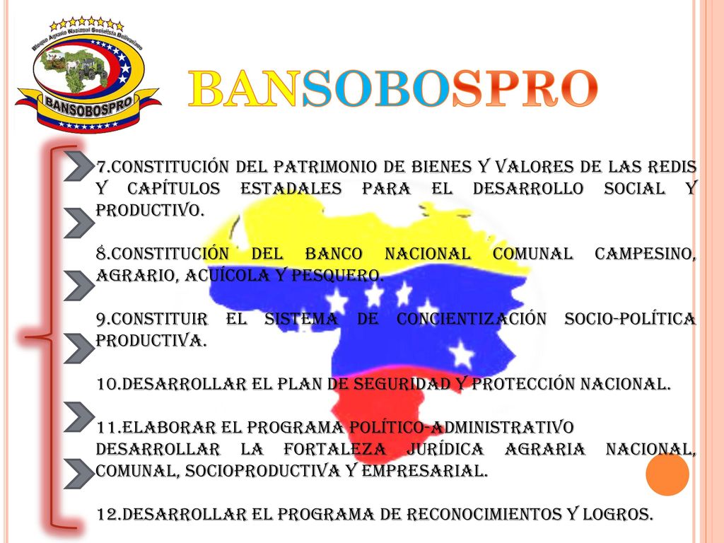 BANSOBOSPRO 7.Constitución del patrimonio de bienes y valores de las redis y capítulos estadales para el desarrollo social y productivo.