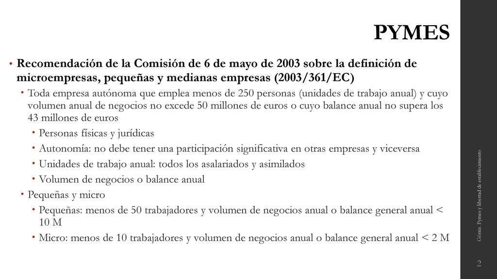 PYMES Recomendación de la Comisión de 6 de mayo de 2003 sobre la definición de microempresas, pequeñas y medianas empresas (2003/361/EC)