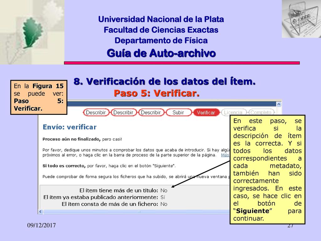 Guía de Auto-archivo 8. Verificación de los datos del ítem.