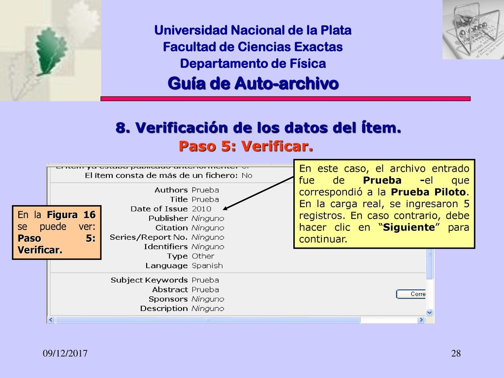 Guía de Auto-archivo 8. Verificación de los datos del ítem.