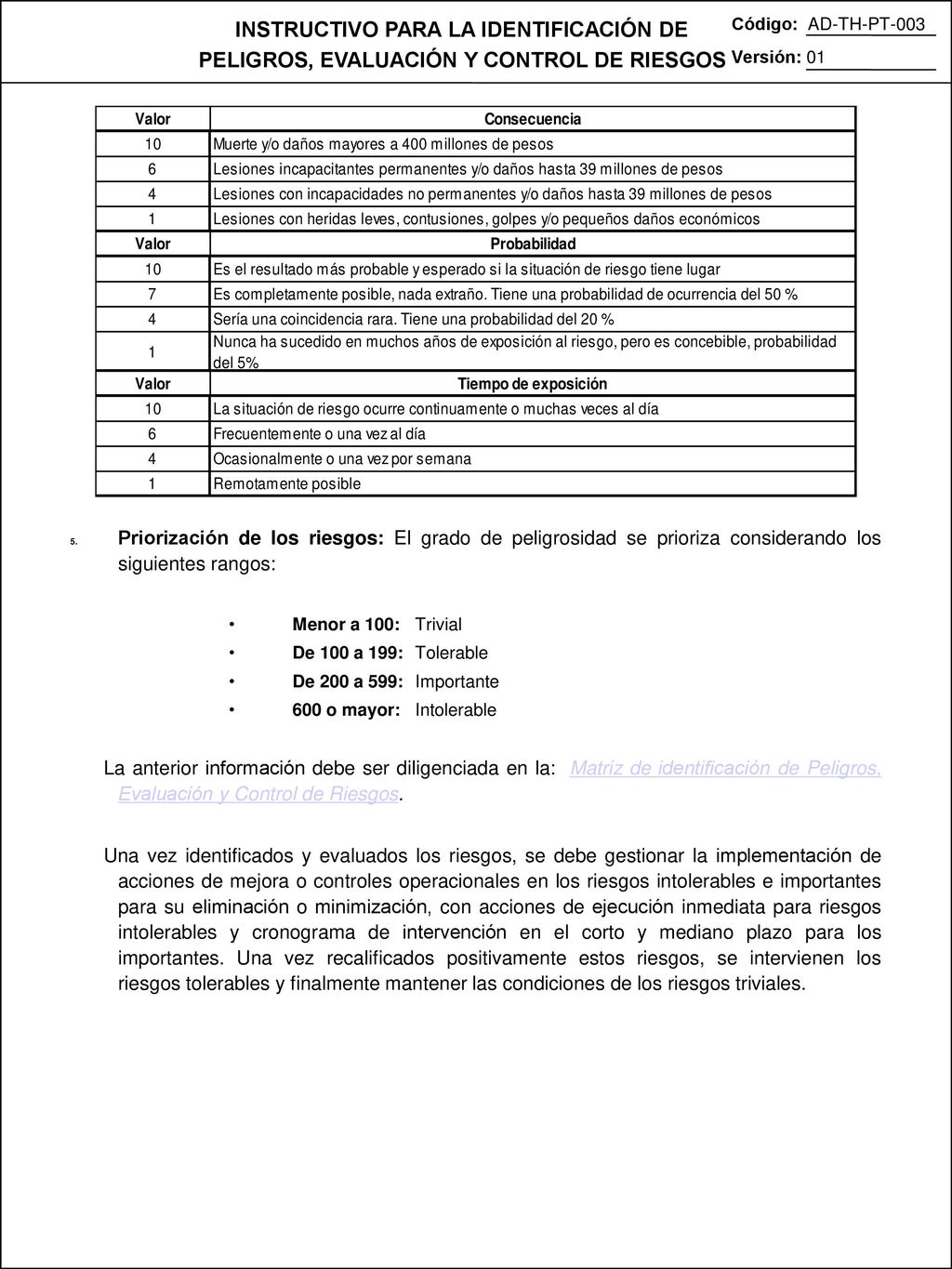Priorización de los riesgos: El grado de peligrosidad se prioriza considerando los siguientes rangos:
