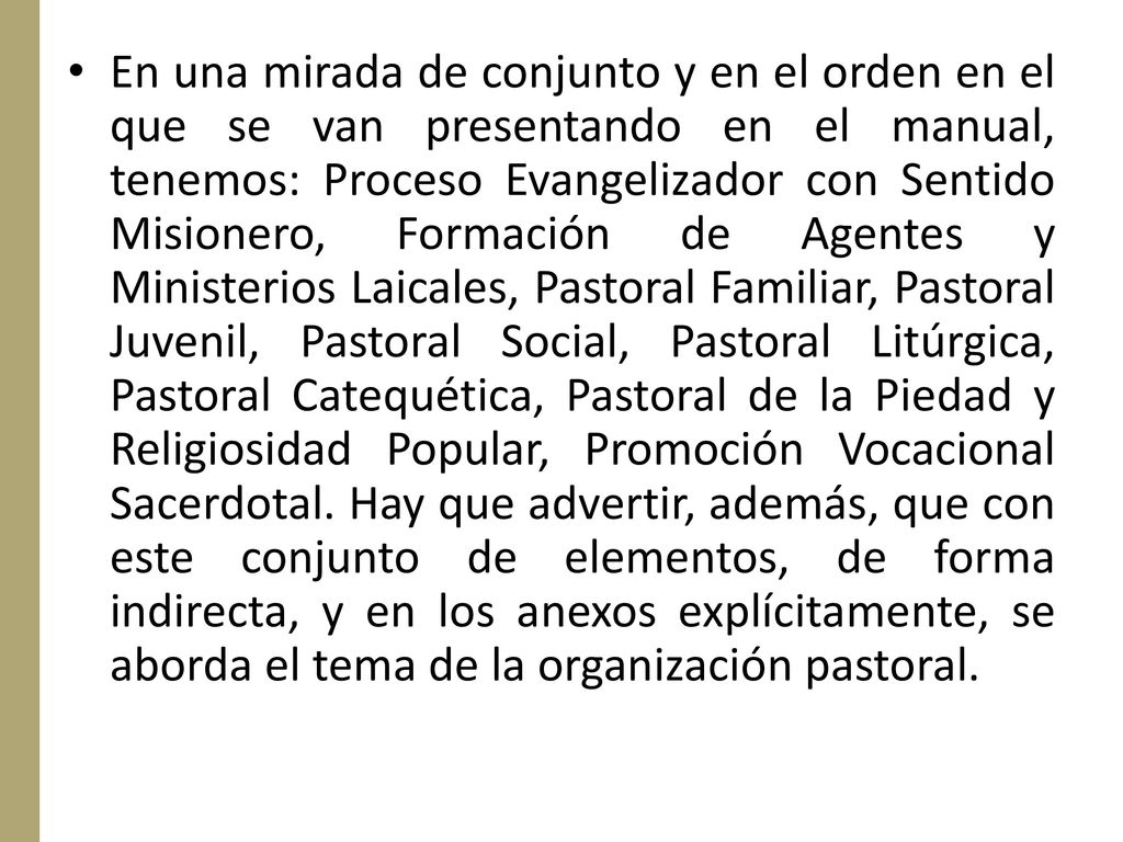 En una mirada de conjunto y en el orden en el que se van presentando en el manual, tenemos: Proceso Evangelizador con Sentido Misionero, Formación de Agentes y Ministerios Laicales, Pastoral Familiar, Pastoral Juvenil, Pastoral Social, Pastoral Litúrgica, Pastoral Catequética, Pastoral de la Piedad y Religiosidad Popular, Promoción Vocacional Sacerdotal.