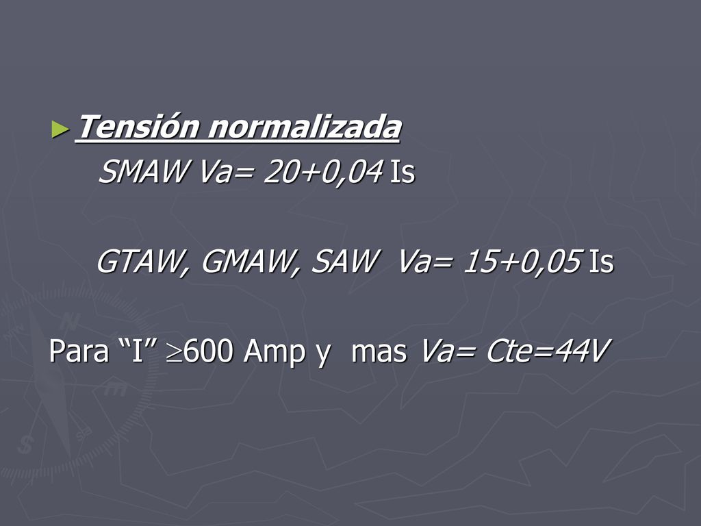 Tensión normalizada SMAW Va= 20+0,04 Is. GTAW, GMAW, SAW Va= 15+0,05 Is.