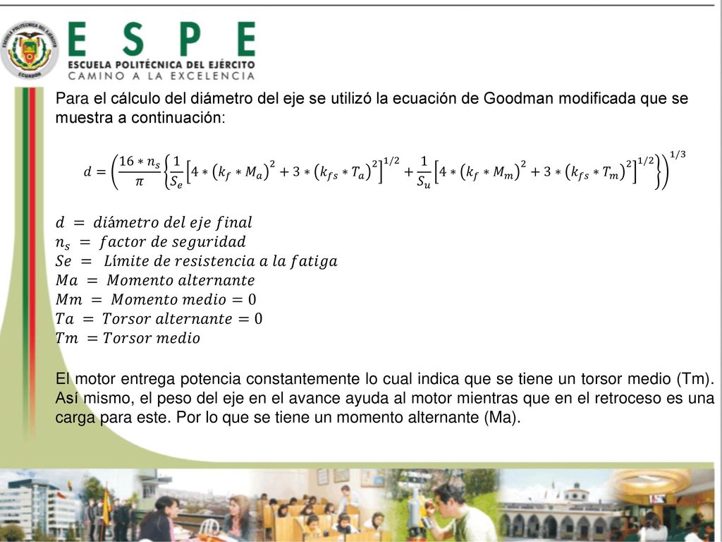 Para el cálculo del diámetro del eje se utilizó la ecuación de Goodman modificada que se muestra a continuación: