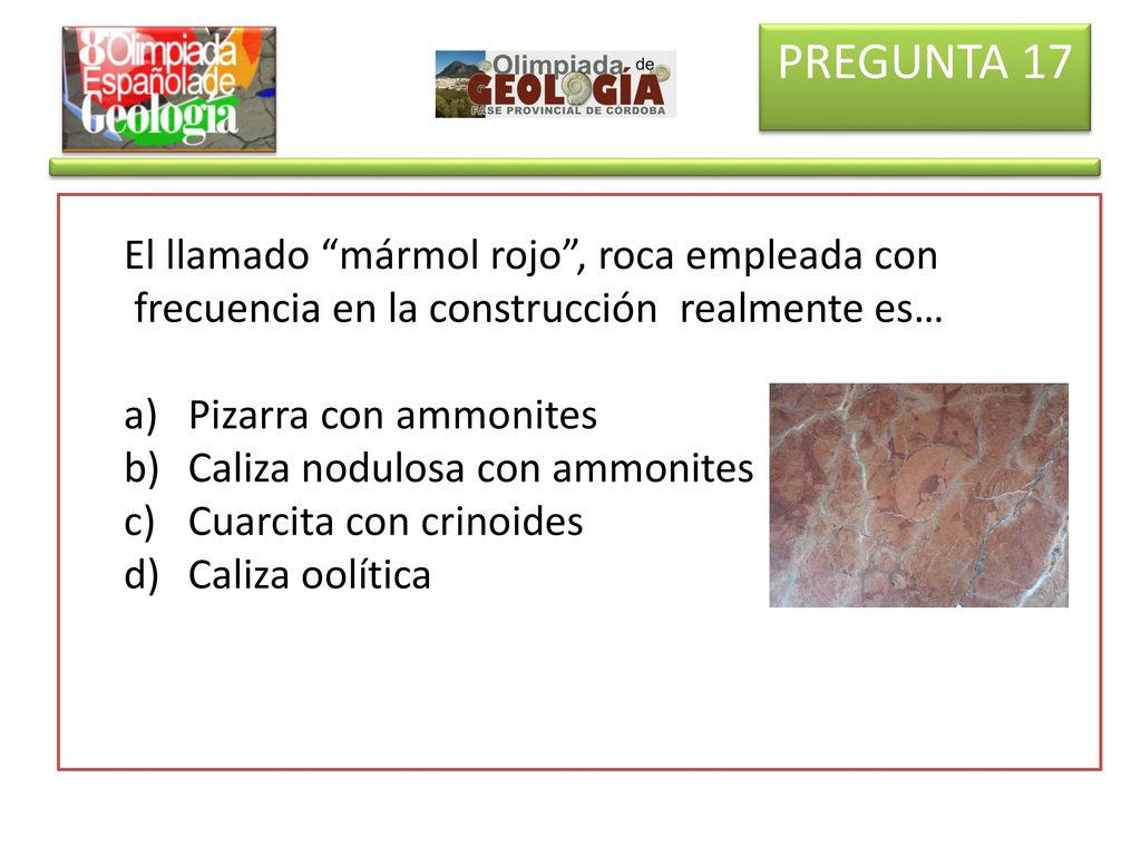 PREGUNTA 17 El llamado mármol rojo , roca empleada con