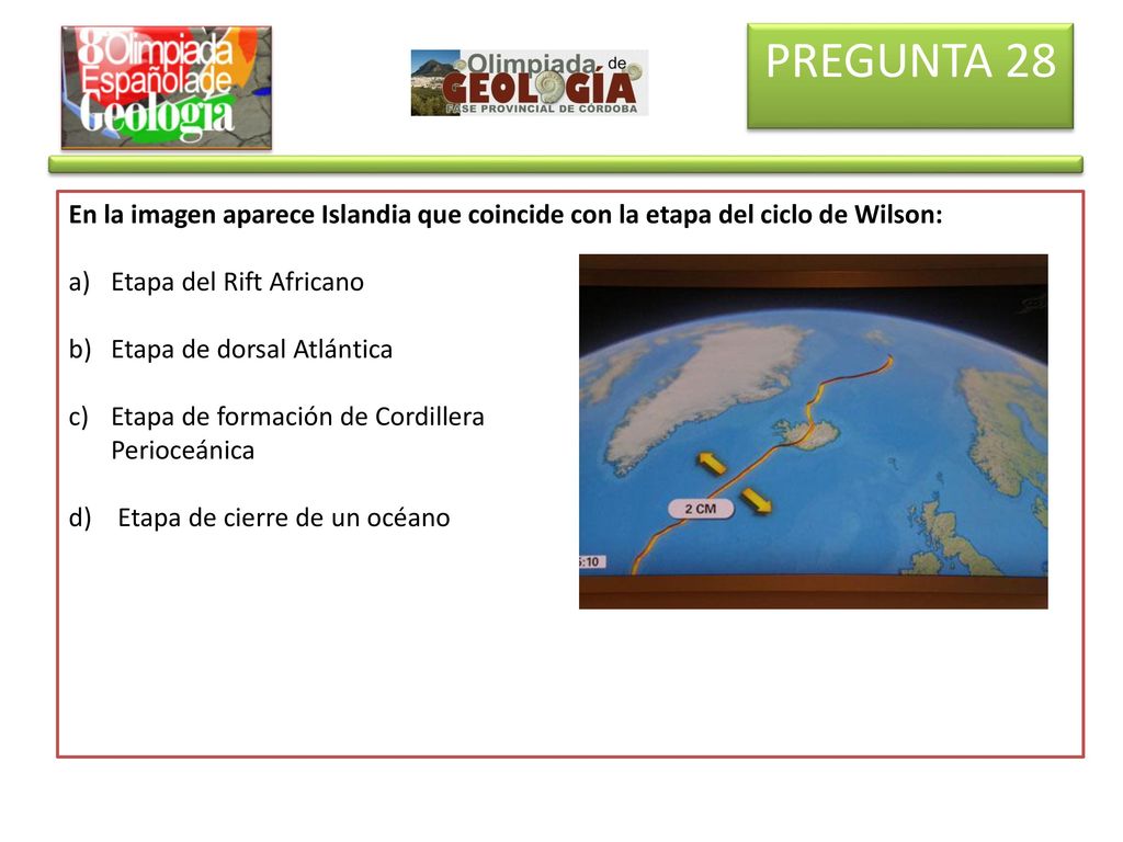 PREGUNTA 28 En la imagen aparece Islandia que coincide con la etapa del ciclo de Wilson: Etapa del Rift Africano.