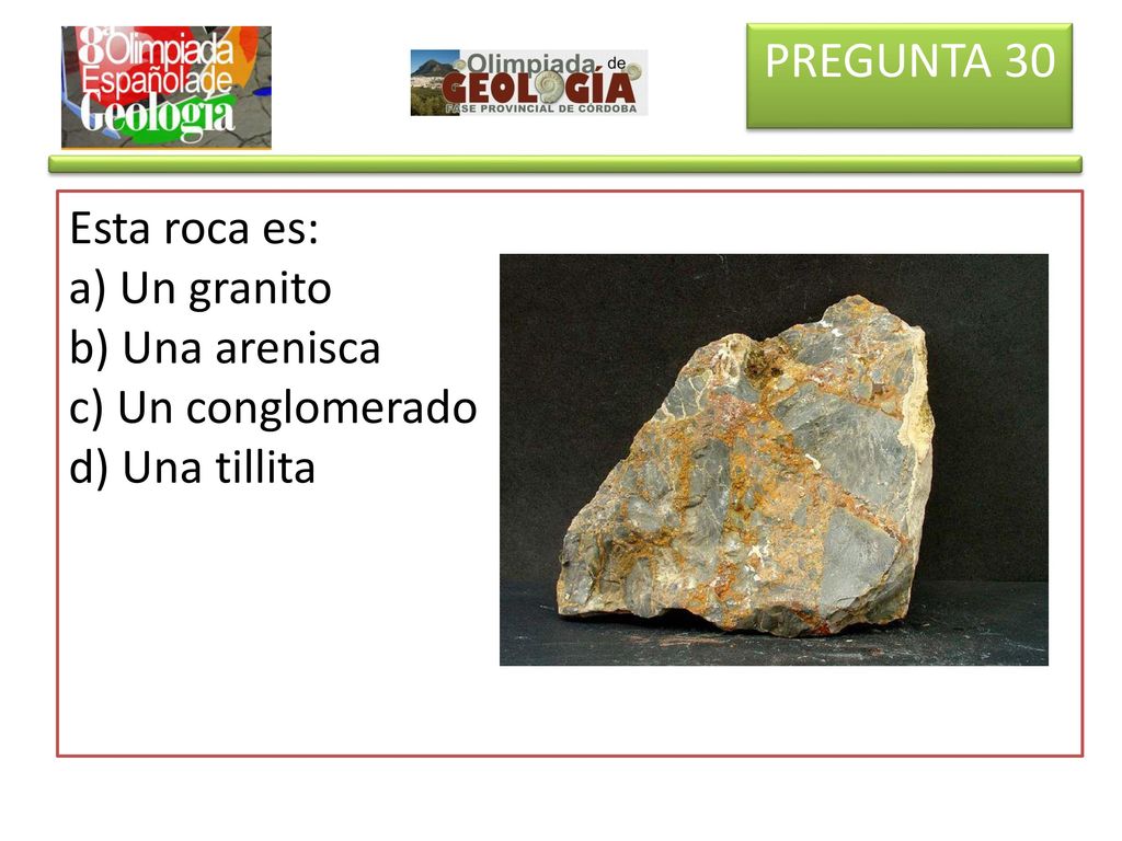 PREGUNTA 30 Esta roca es: a) Un granito b) Una arenisca