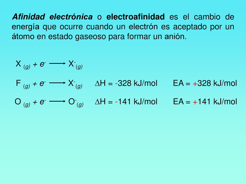 Afinidad electrónica o electroafinidad es el cambio de energía que ocurre cuando un electrón es aceptado por un átomo en estado gaseoso para formar un anión.