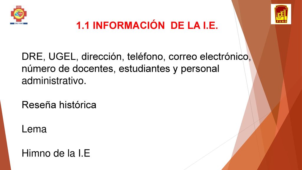 1.1 INFORMACIÓN DE LA I.E. DRE, UGEL, dirección, teléfono, correo electrónico, número de docentes, estudiantes y personal administrativo.
