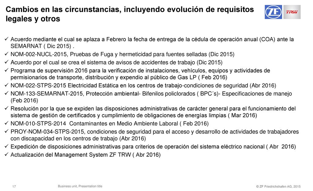 Cambios en las circunstancias, incluyendo evolución de requisitos legales y otros