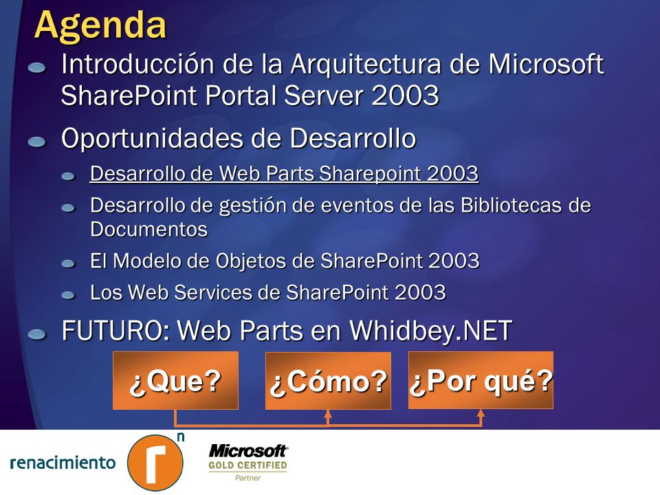 Agenda Introducción de la Arquitectura de Microsoft SharePoint Portal Server Oportunidades de Desarrollo.