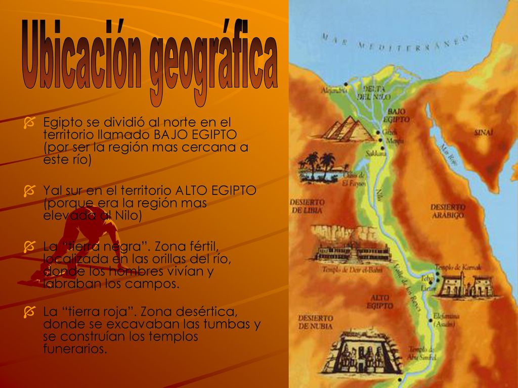 Ubicación geográfica Egipto se dividió al norte en el territorio llamado BAJO EGIPTO (por ser la región mas cercana a este río)