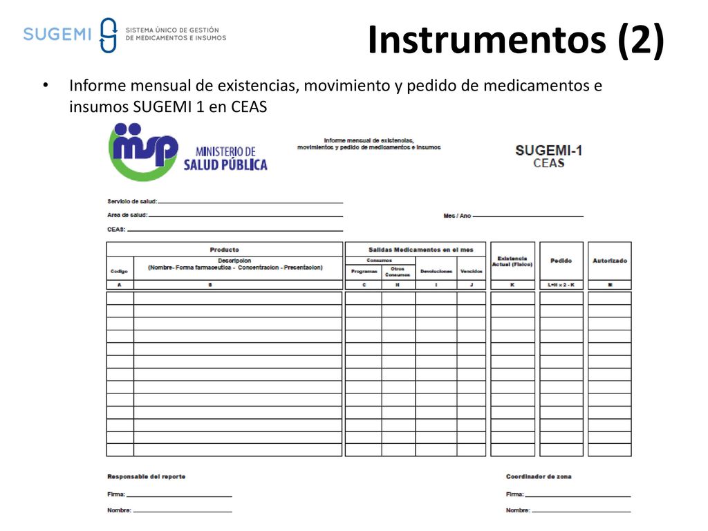 Instrumentos (2) Informe mensual de existencias, movimiento y pedido de medicamentos e insumos SUGEMI 1 en CEAS.