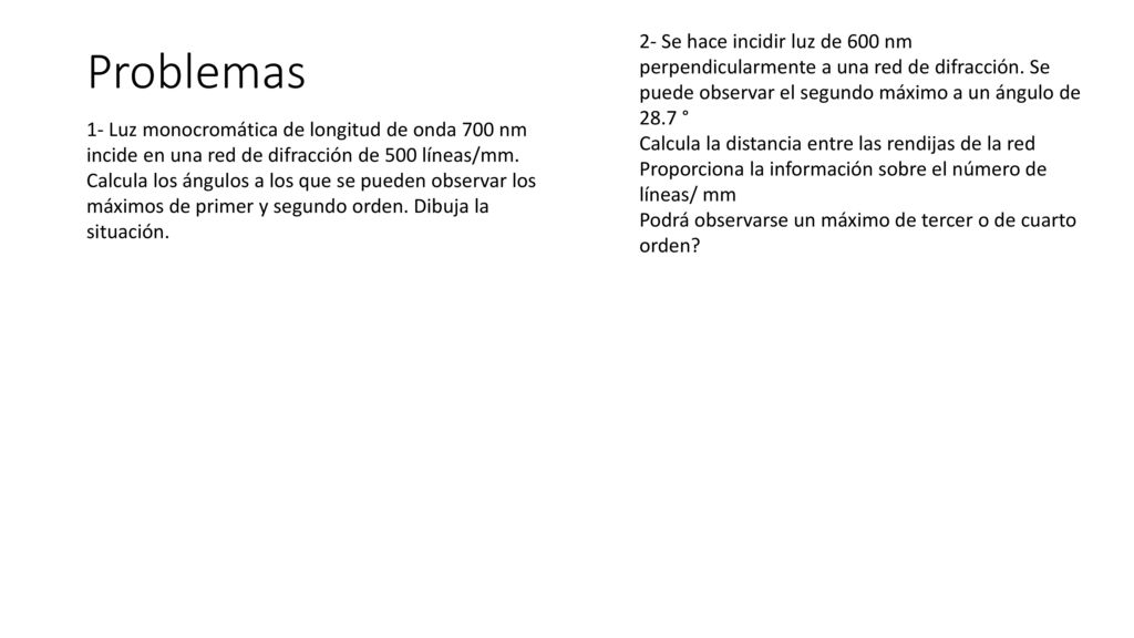 Problemas 2- Se hace incidir luz de 600 nm perpendicularmente a una red de difracción. Se puede observar el segundo máximo a un ángulo de 28.7 °